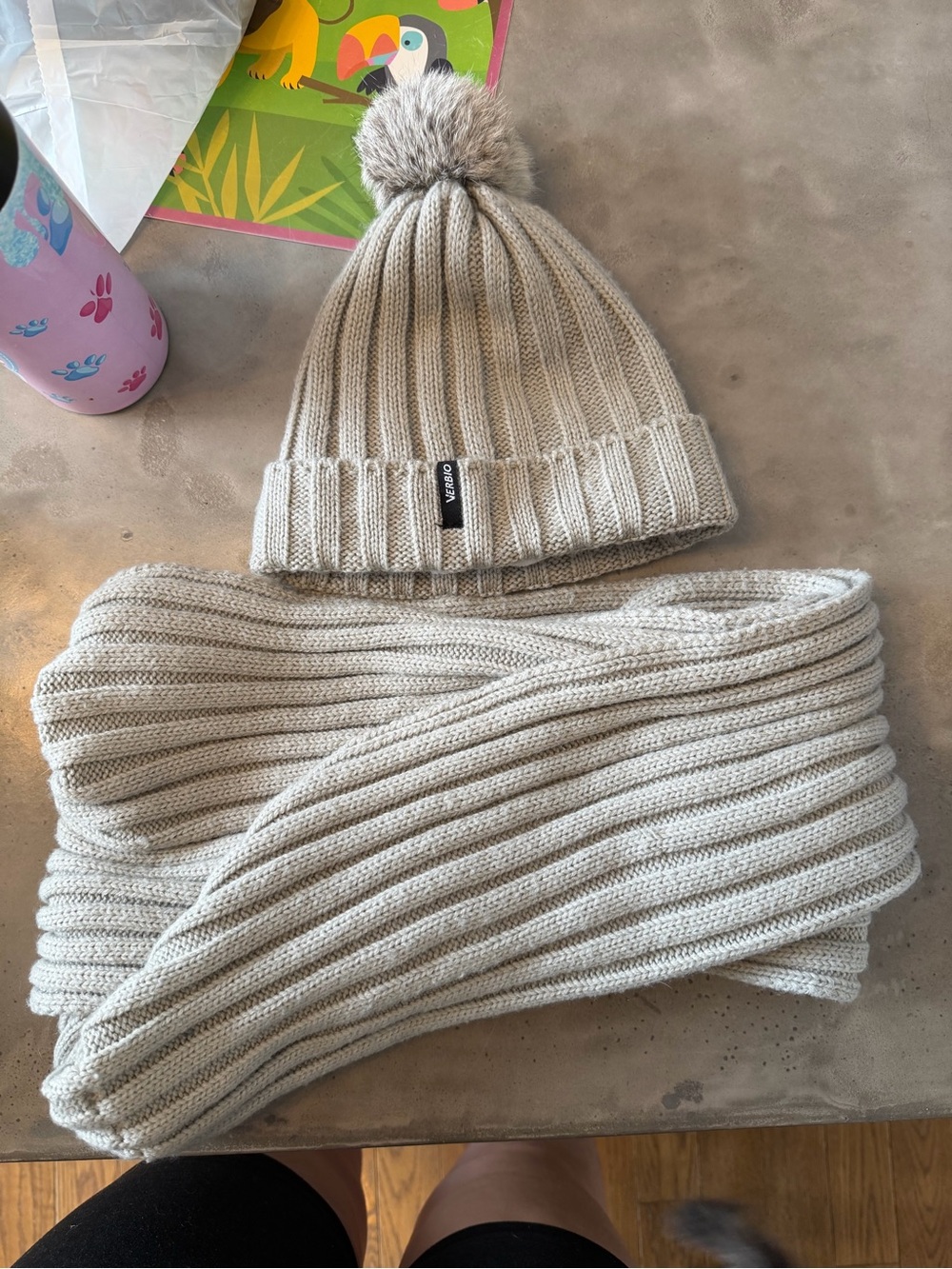 Ribbed Knit Pom Beanie & Scarf Set - Light grey